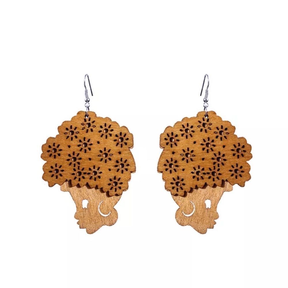 Brown Afro Beauty Shape Motion Wood Earrings - Picture 1 of 5